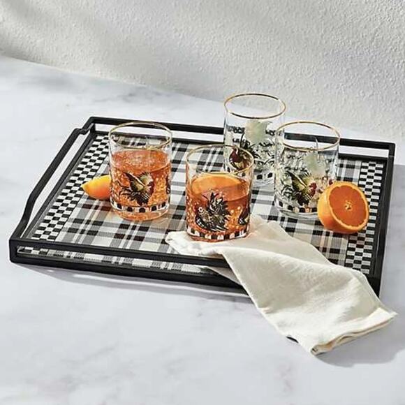 MACKENZIE-CHILDS Black & White Tartan Butler's Serving Tray with Handles NEW - Picture 2 of 2